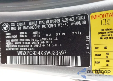 2008 BMW X3 3.0Si из США, поврежденный, VIN WBXPC934X8WJ23597